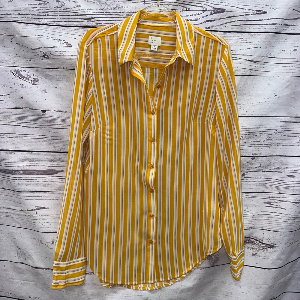 A New Day Yellow and White Striped Sheer Button-Up Shirt Size Small